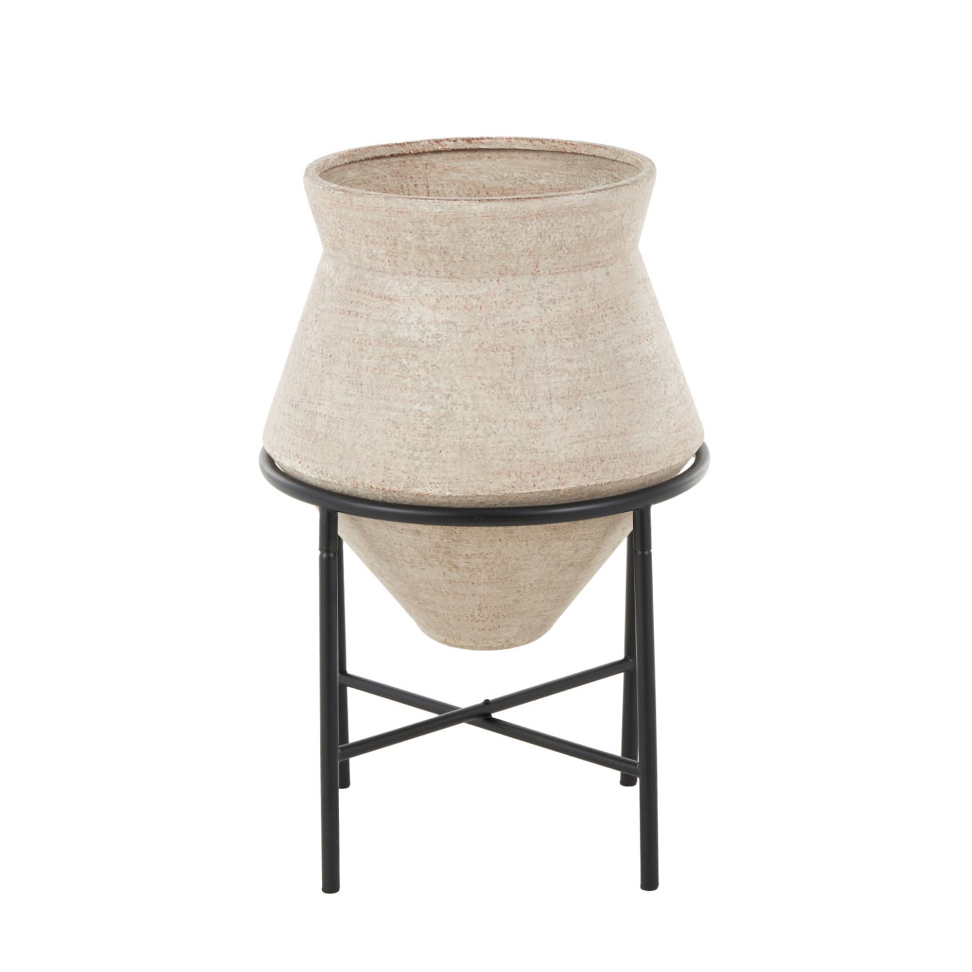 24.5" Beige Metal Wide Vase with Black Metal Stand